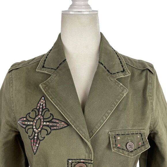 Jaded By Knight Womens Medium Olive Green Egal Leather Military Jacket Studded - Picture 4 of 16